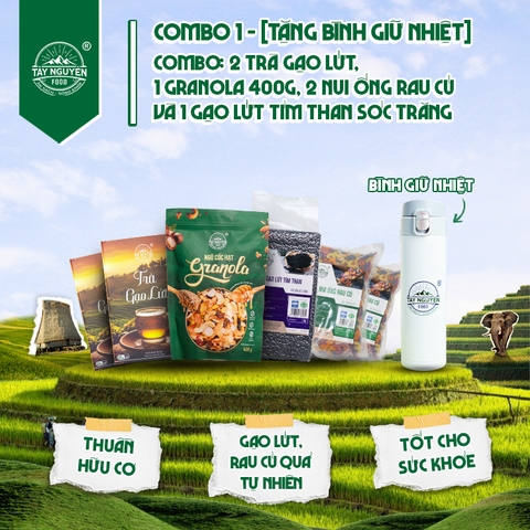 [Tặng Bình Giữ Nhiệt] Combo 2 Trà gạo lứt, 1 Granola 400g, 2 Nui ống rau củ và 1 Gạo lứt tím than Sóc Trăng