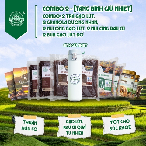 [Tặng Bình Giữ Nhiệt] Combo 2 Trà gạo lứt, 2 Granola Dưỡng nhan, 2 Nui ống gạo lứt, 2 Nui ống rau củ và 2 Bún gạo lứt đỏ