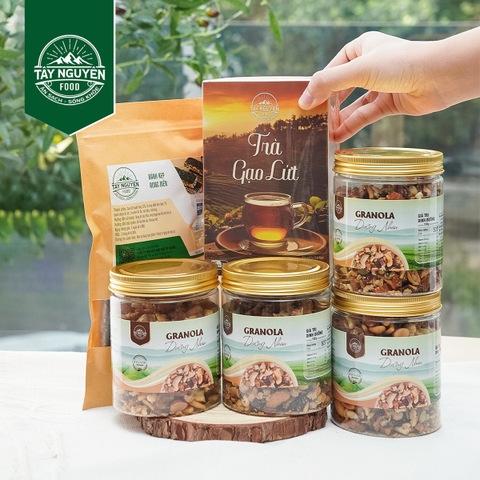 Combo 4 Granola dưỡng nhan kèm Trà gạo lứt và Bánh kẹp rong biển