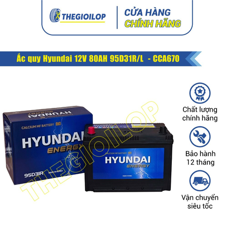 Bình ắc quy Huyndai 12V 80AH 95D31R/L  - CCA670 - Dùng cho Hyundai 29 chỗ, Xe tải - Thegioilop.vn