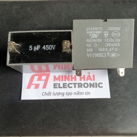 Tụ CBB611A 5uf 450V dùng trong vợt muỗi, tụ quạt điện kích thước 4.7 x 2.5 x 3.8 cm
