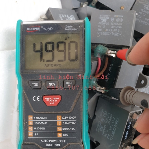 Tụ CBB611A 5uf 450V dùng trong vợt muỗi, tụ quạt điện kích thước 4.7 x 2.5 x 3.8 cm