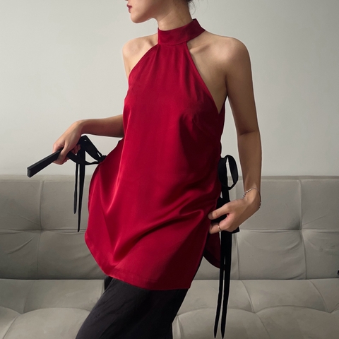 Seleen, Áo yếm lụa đỏ cổ cao thắt nơ đen 2 bên, WT0005