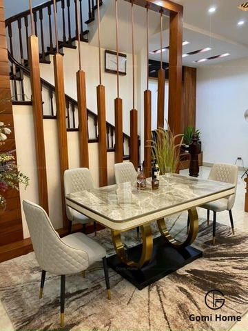 Bộ Bàn Ăn Chân OO Inox Mạ PVD + 6 Ghế Sheraton