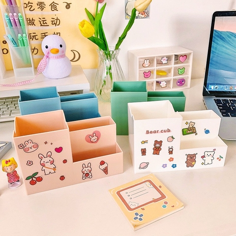 ( KÈM  STICKER ) Ống cắm bút 3 ngăn hình chữ nhật 10*15*7.4cm
