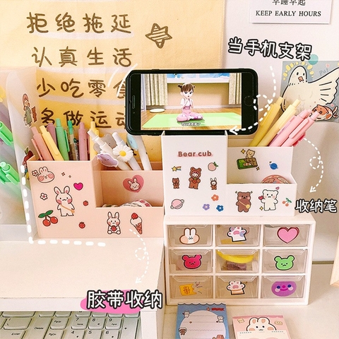( KÈM  STICKER ) Ống cắm bút 3 ngăn hình chữ nhật 10*15*7.4cm
