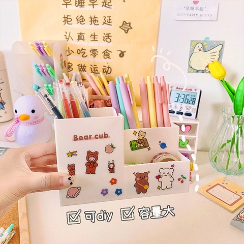 ( KÈM  STICKER ) Ống cắm bút 3 ngăn hình chữ nhật 10*15*7.4cm