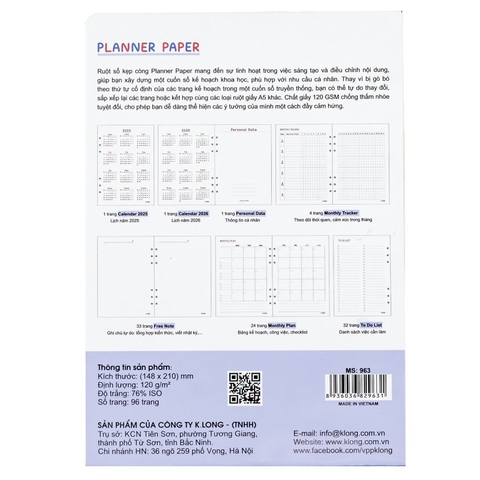 Ruột sổ kế hoạch Paper Planner kẹp còng A5 96 trang 120/76; MS: 963