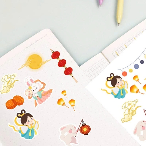 Nhãn dán Sticker trung thu trang trí sổ tay bộ 2 tờ siêu dễ thương, 11x16cm