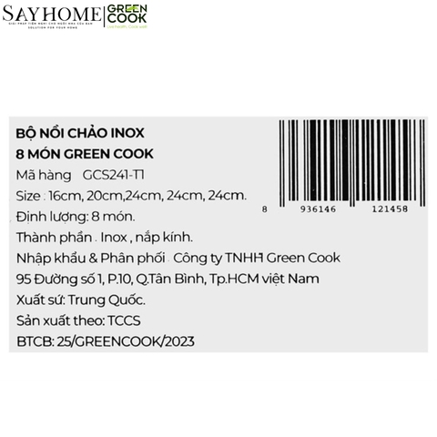 Bộ nồi chảo inox Green Cook GCS241 5 đáy nắp kính - Hàng chính hãng