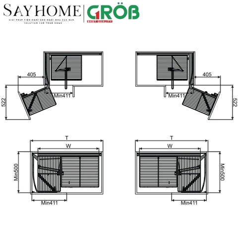 Kệ góc liên hoàn GROB GC304-90L/90R inox 304, nan dẹt - Hàng chính hãng GROB