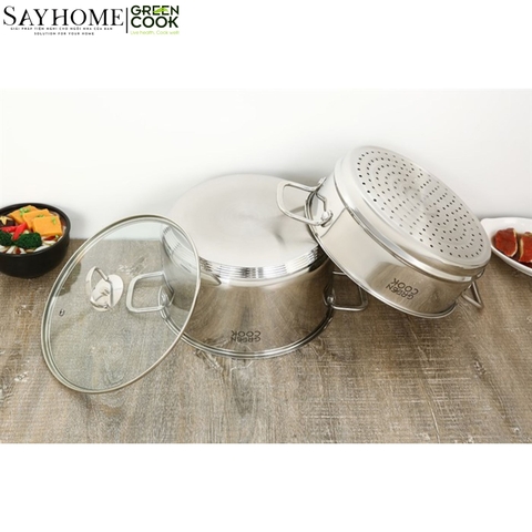 Bộ nồi chảo inox Green Cook GCS241 5 đáy nắp kính - Hàng chính hãng