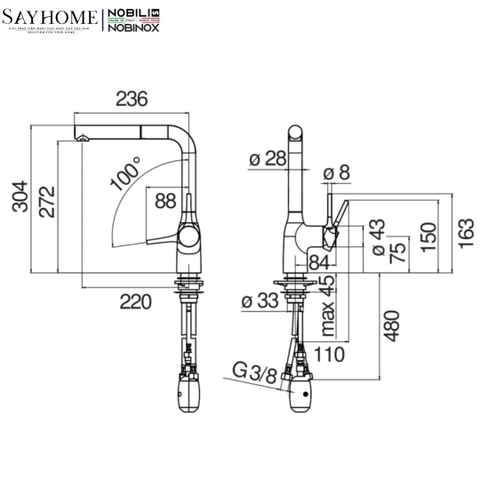 Vòi rửa chén NOBILI MANIA NB218A dây rút 1 chế độ - Hàng chính hãng