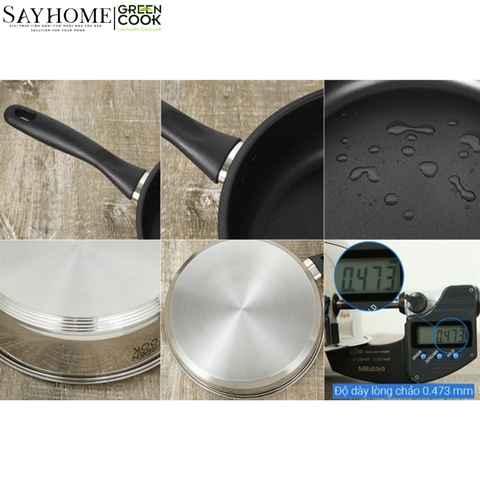 Bộ nồi chảo inox Green Cook GCS241 5 đáy nắp kính - Hàng chính hãng