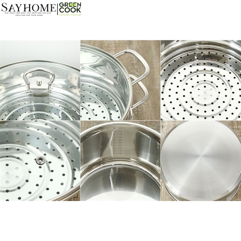 Bộ nồi chảo inox Green Cook GCS241 5 đáy nắp kính - Hàng chính hãng