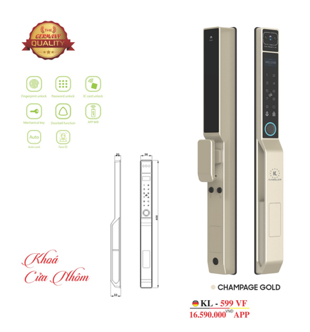 Khóa cửa KASSLER KL-599VF CHAMPAGE GOLD nhôm - Hàng chính hãng