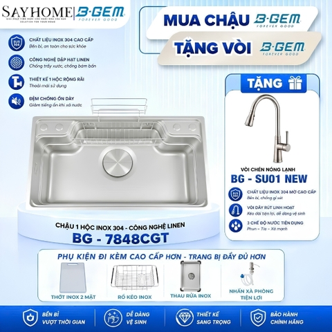 Combo Mua Chậu rửa inox B-GEM BG-7848CGT – Tặng Vòi rửa dây rút B-GEM BG - SU01 NEW