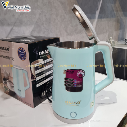 Ấm siêu tốc Osako OSA-230 2 lớp dung tích 2L, lòng ấm inox 304 nguyên khối không hoen rỉ, vỏ nhựa chống bỏng - Hàng chính hãng
