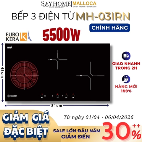 Bếp điện từ kết hợp Malloca MH-03IRN 3 vùng nấu - Hàng chính hãng