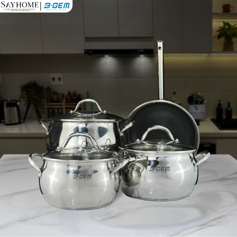 Bộ nồi bầu B- GEM BELLY BG-988 ARIC inox 304 cao cấp kèm chảo chống dính kim cương - Hàng chính hãng