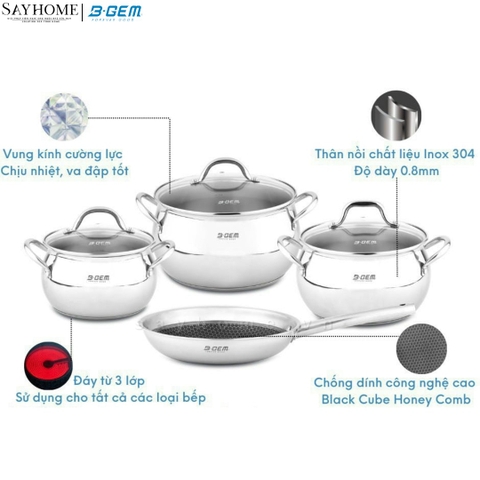 Bộ nồi bầu B- GEM BELLY BG-988 ARIC inox 304 cao cấp kèm chảo chống dính kim cương - Hàng chính hãng