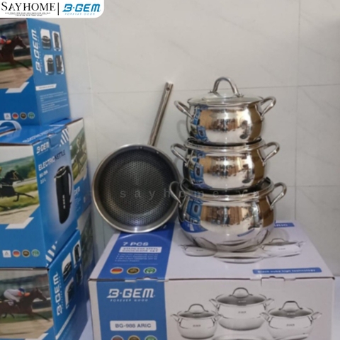 Bộ nồi bầu B- GEM BELLY BG-988 ARIC inox 304 cao cấp kèm chảo chống dính kim cương - Hàng chính hãng