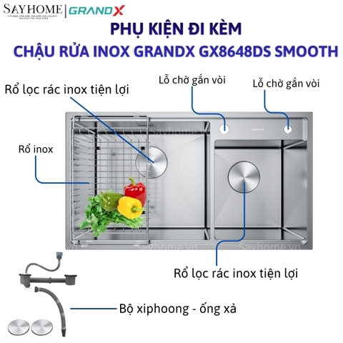 Chậu rửa chén bát 2 hố inox 304 GRANDX GX8648DS SMOOTH 86cm - Chính hãng