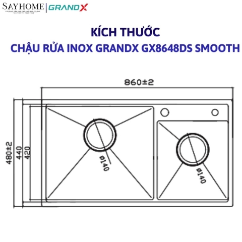 Chậu rửa chén bát 2 hố inox 304 GRANDX GX8648DS SMOOTH 86cm - Chính hãng