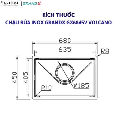 Chậu rửa chén bát 1 hố inox 304 GRANDX GX6845V VOLCANO 68cm - Chính hãng