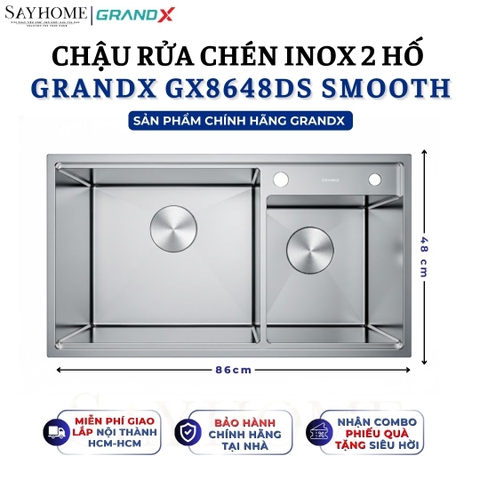 Chậu rửa chén bát 2 hố inox 304 GRANDX GX8648DS SMOOTH 86cm - Chính hãng
