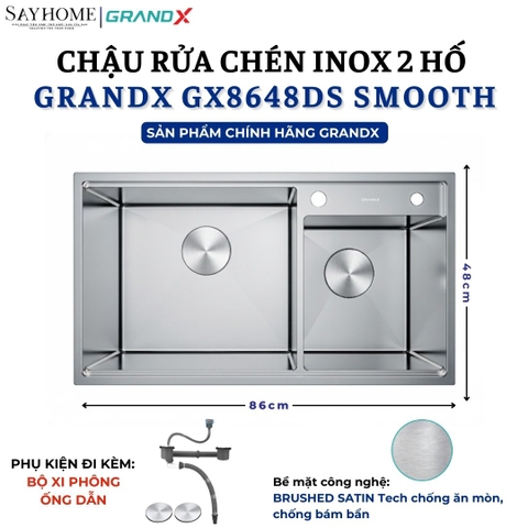 Chậu rửa chén bát 2 hố inox 304 GRANDX GX8648DS SMOOTH 86cm - Chính hãng