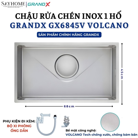 Chậu rửa chén bát 1 hố inox 304 GRANDX GX6845V VOLCANO 68cm - Chính hãng