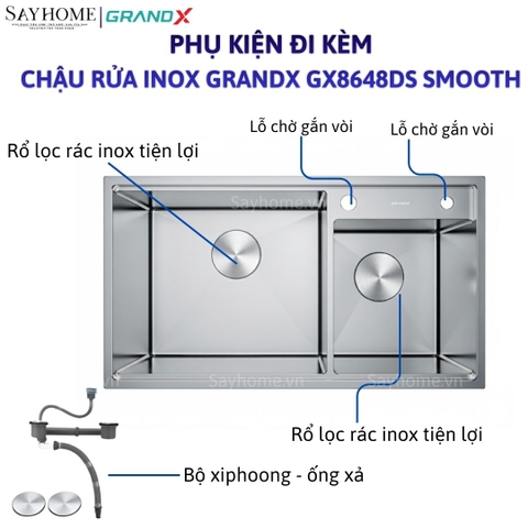 Chậu rửa chén bát 2 hố inox 304 GRANDX GX8648DS SMOOTH 86cm - Chính hãng