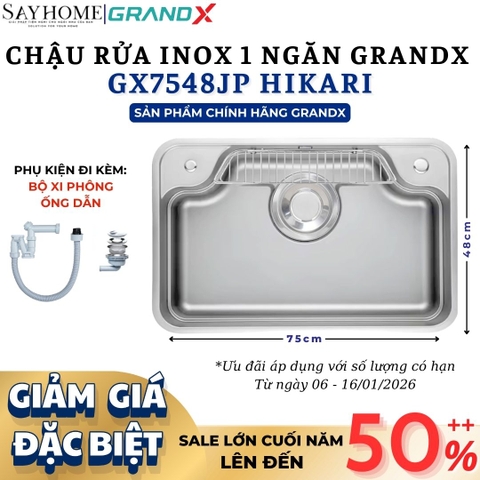 Chậu rửa chén bát 1 hố inox 304 GRANDX GX7548JP HIKARI 75cm - Chính hãng