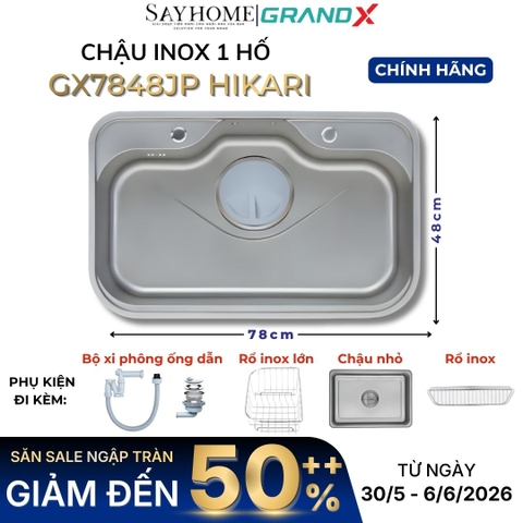 Chậu rửa chén bát 1 hố inox 304 GRANDX GX7848JP HIKARI 78cm - Chính hãng