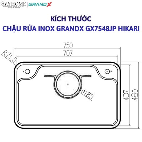 Chậu rửa chén bát 1 hố inox 304 GRANDX GX7548JP HIKARI 75cm - Chính hãng