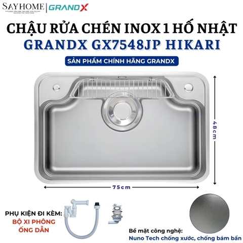 Chậu rửa chén bát 1 hố inox 304 GRANDX GX7548JP HIKARI 75cm - Chính hãng