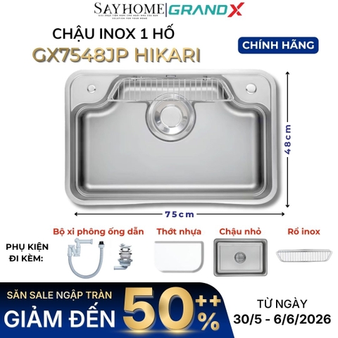 Chậu rửa chén bát 1 hố inox 304 GRANDX GX7548JP HIKARI 75cm - Chính hãng