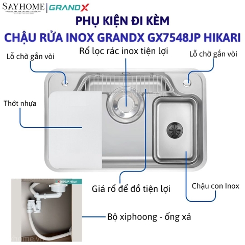 Chậu rửa chén bát 1 hố inox 304 GRANDX GX7548JP HIKARI 75cm - Chính hãng