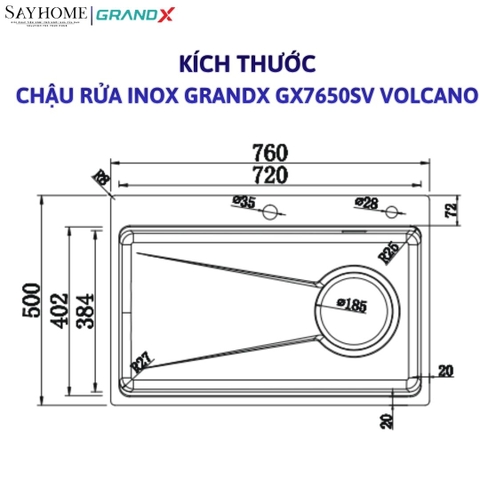 Chậu rửa chén bát 1 hố inox 304 GRANDX GX7650SV VOLCANO 76cm - Chính hãng