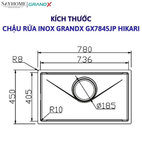 Chậu rửa chén bát 1 hố inox 304 GRANDX GX7845JP HIKARI 78cm - Chính hãng