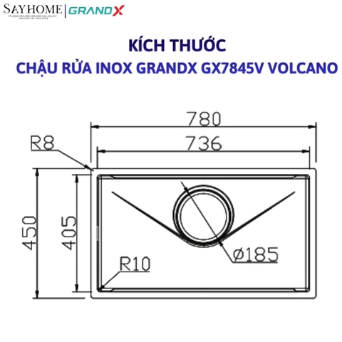 Chậu rửa chén bát 1 hố inox 304 GRANDX GX7845V VOLCANO 78cm - Chính hãng