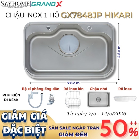 Chậu rửa chén bát 1 hố inox 304 GRANDX GX7848JP HIKARI 78cm - Chính hãng