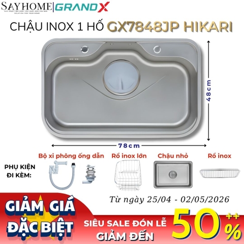 Chậu rửa chén bát 1 hố inox 304 GRANDX GX7848JP HIKARI 78cm - Chính hãng