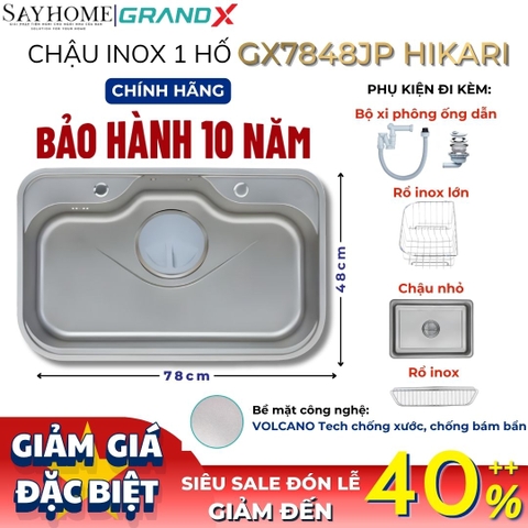 Chậu rửa chén bát 1 hố inox 304 GRANDX GX7848JP HIKARI 78cm - Chính hãng