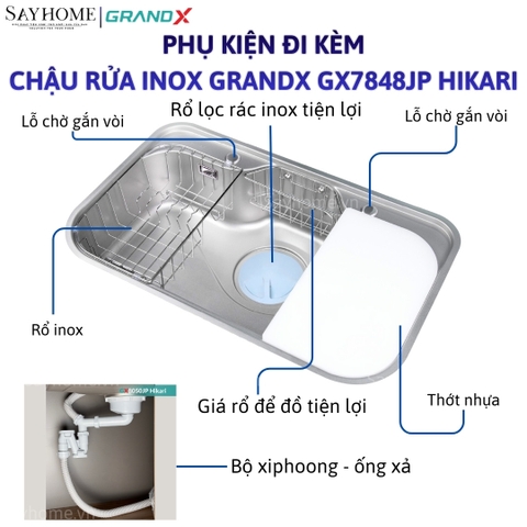 Chậu rửa chén bát 1 hố inox 304 GRANDX GX7848JP HIKARI 78cm - Chính hãng