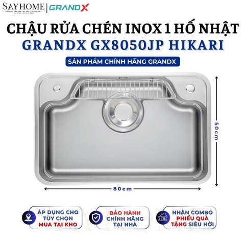 Chậu rửa chén bát 1 hố inox 304 GRANDX GX8050JP HIKARI 80cm - Chính hãng