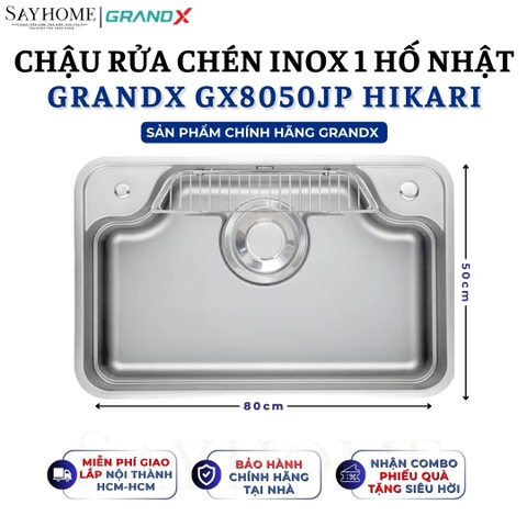 Chậu rửa chén bát 1 hố inox 304 GRANDX GX8050JP HIKARI 80cm - Chính hãng