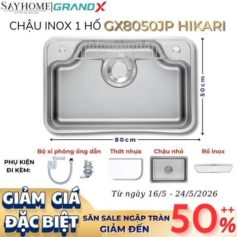 Chậu rửa chén bát 1 hố inox 304 GRANDX GX8050JP HIKARI 80cm - Chính hãng