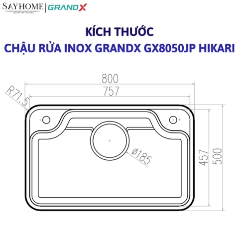 Chậu rửa chén bát 1 hố inox 304 GRANDX GX8050JP HIKARI 80cm - Chính hãng